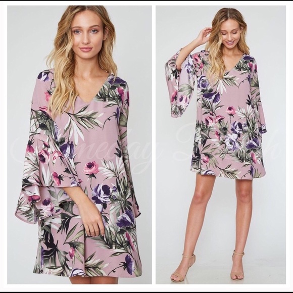 🌷NWT! MAUVE FLORAL LONG RUFFLE SLEEVE TUNIC DRESS - Picture 2 of 4